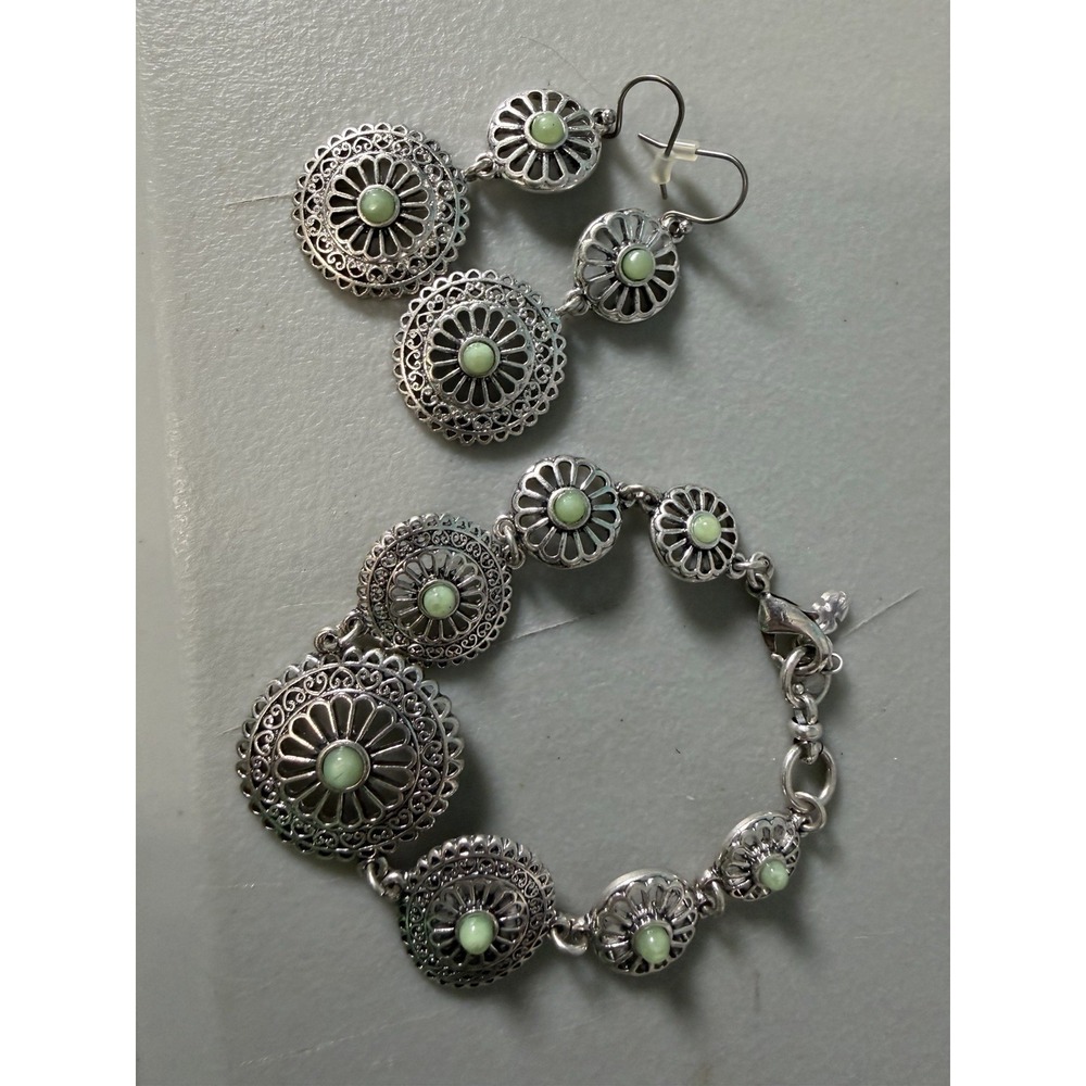 Silver And Green Stone Set Bracelet And Earrings
